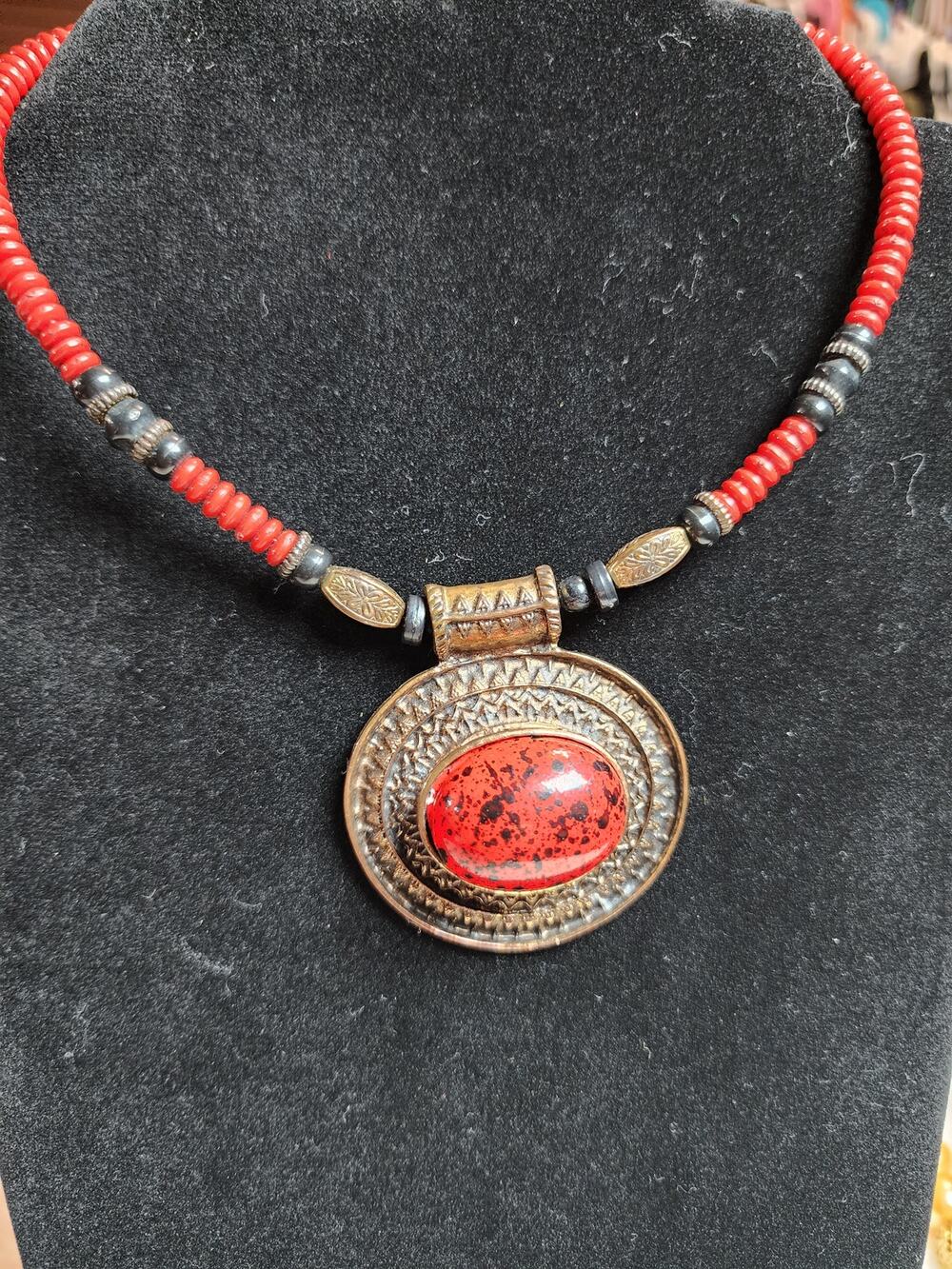 Premier Designs Red Spice Beaded Pendant Necklace SW Boho Marbled Cabochon